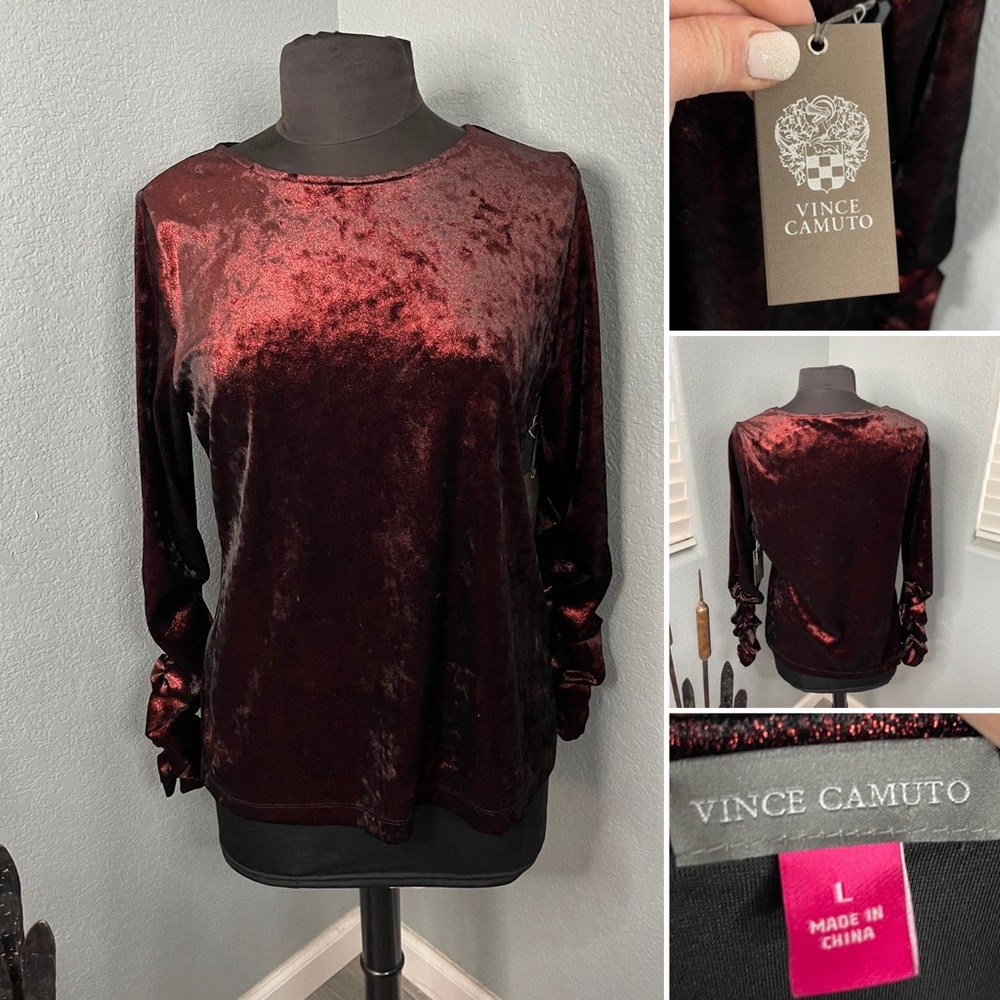 Vince Camuto Ruched sleeve red velvety top. NWT size large - Picture 2 of 2
